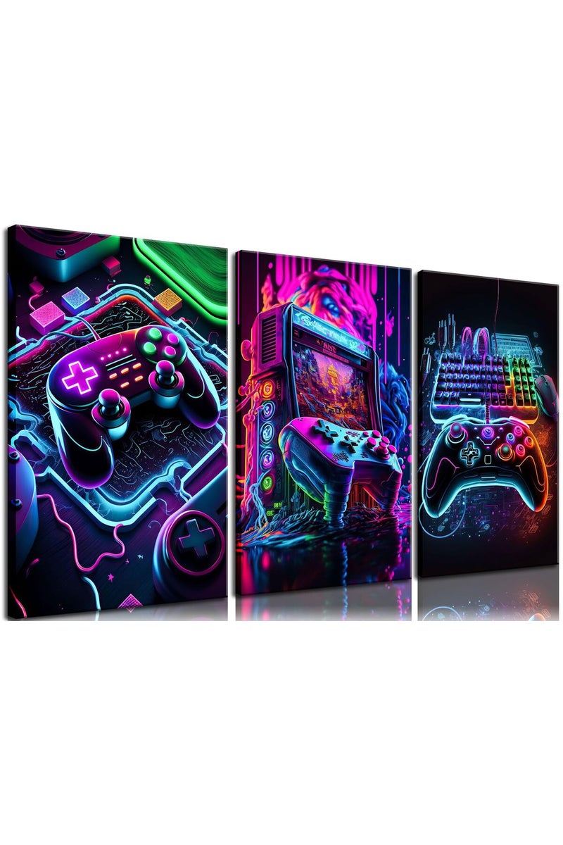 BGFCE 3pcs Game Room Decor Neon Gaming Wall Art Posters Gamer Accessories Theme Canvas Print Game Console Painting Picture for Children Youth Game Boys Bedroom Teen Wall Decor Framed 12"x16"x3 - Image 1