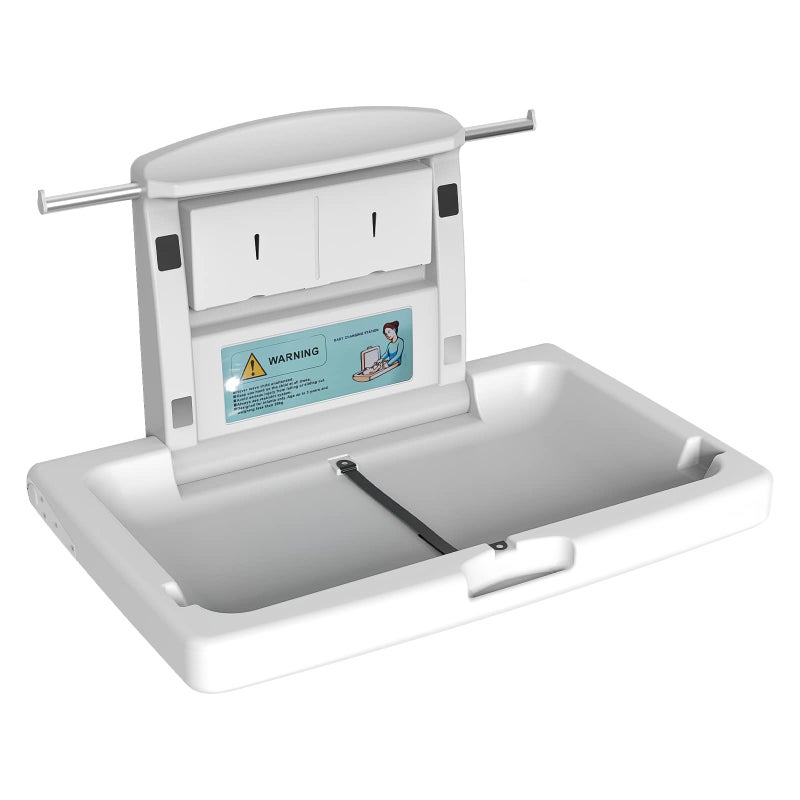 PLUSSEN Baby Changing Station Wall Mounted Fold Down Commercial Horizontal Baby Changing Table with Safety Strap Storage Box Hanging Rod HorizontalX1001