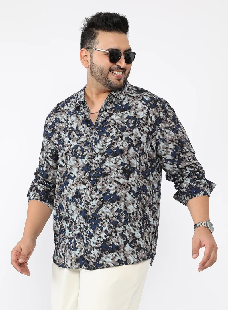 Men Block-Haze Jacquard Shirt | Spread Collar , Long Single-Button Cuff Sleeves | Button Closure , Curved Hem | Abstract Jacquard | Woven Fabric For Casual & Evening Wear | Blue & Beige