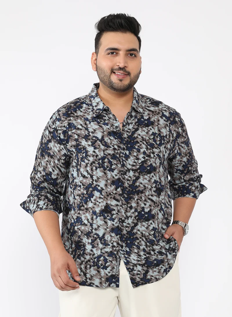 Instafab Plus Men Block-Haze Jacquard Shirt | Spread Collar , Long Single-Button Cuff Sleeves | Button Closure , Curved Hem | Abstract Jacquard | Woven Fabric For Casual & Evening Wear | Blue & Beige