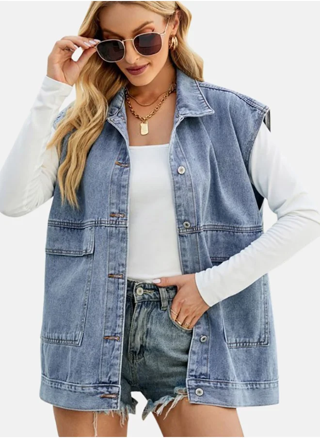 YUNIQEE Blue Collared Sleeveless Denim Jacket