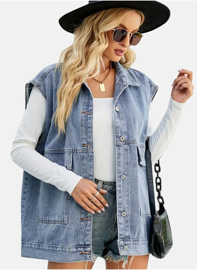 YUNIQEE Blue Collared Sleeveless Denim Jacket