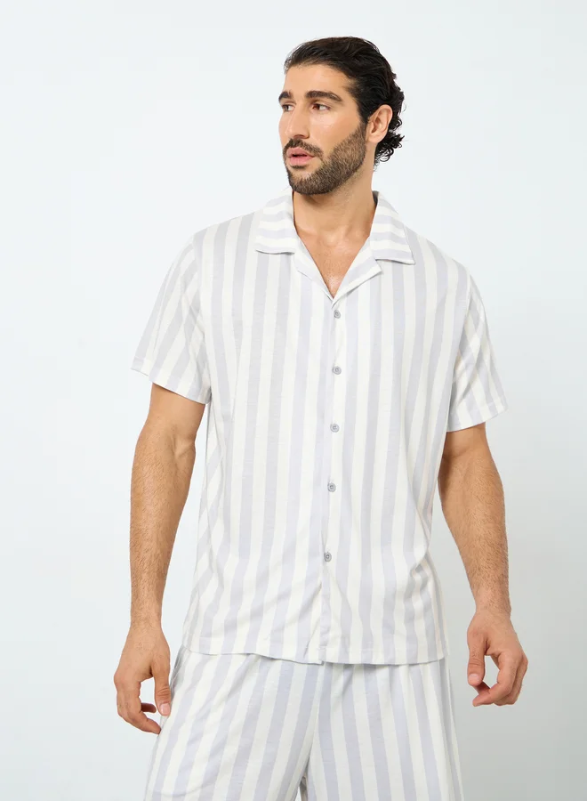 Styli White Striped Short Sleeve Shirt and Shorts Set