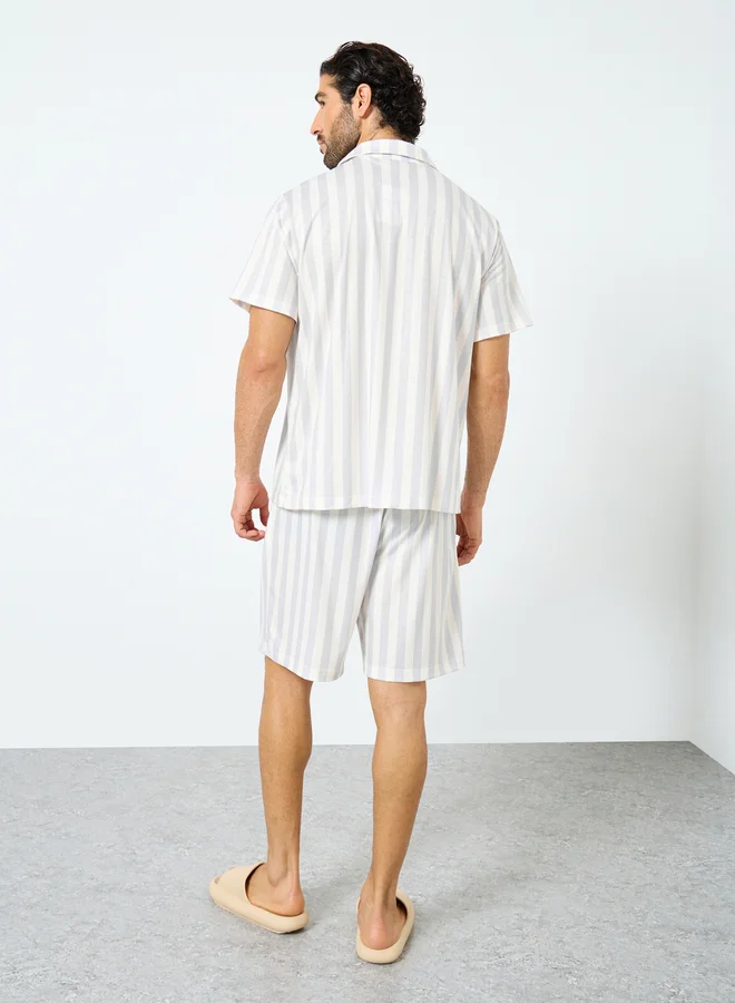 Styli White Striped Short Sleeve Shirt and Shorts Set