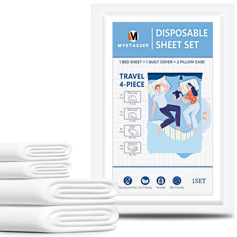 Myetasser Kingsize Disposable Bedding Set, 4pcs (1 Sheet, Quilt Cover, 2 Pillowcases), White, Modern Style, All-Season, Waterproof, Breathable - Image 1