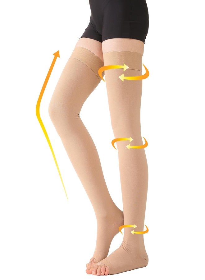 MGANG Medical Thigh High Compression Stockings for Men & Women, Pair, Open Toe, 20-30 mmHg Graduated Compression Support Hose, Opaque, Best for Varicose Veins, Edema, Flight, DVT, Swelling, Beige XXL - Image 1