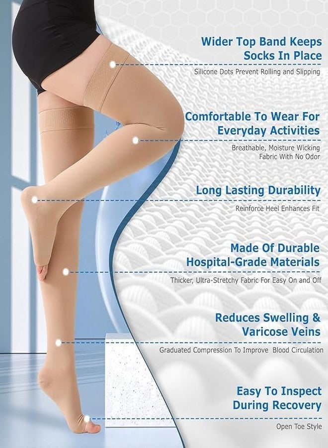 MGANG Medical Thigh High Compression Stockings for Men & Women, Pair, Open Toe, 20-30 mmHg Graduated Compression Support Hose, Opaque, Best for Varicose Veins, Edema, Flight, DVT, Swelling, Beige XXL - Image 2