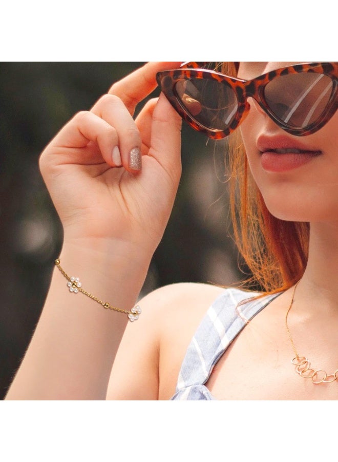 Julia Store 18K Gold Plated Flower Bracelet for Women, Titanium Steel Pearl Daisy Bracelet Dainty Gold Adjustable Link Chain Pearl Simple Bracelet Jewelry Gift for Women - Image 4