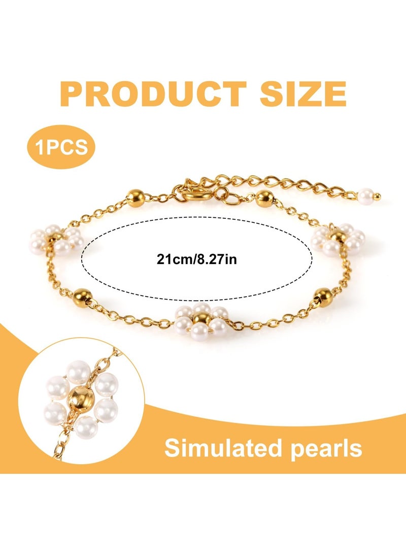 Julia Store 18K Gold Plated Flower Bracelet for Women, Titanium Steel Pearl Daisy Bracelet Dainty Gold Adjustable Link Chain Pearl Simple Bracelet Jewelry Gift for Women - Image 2