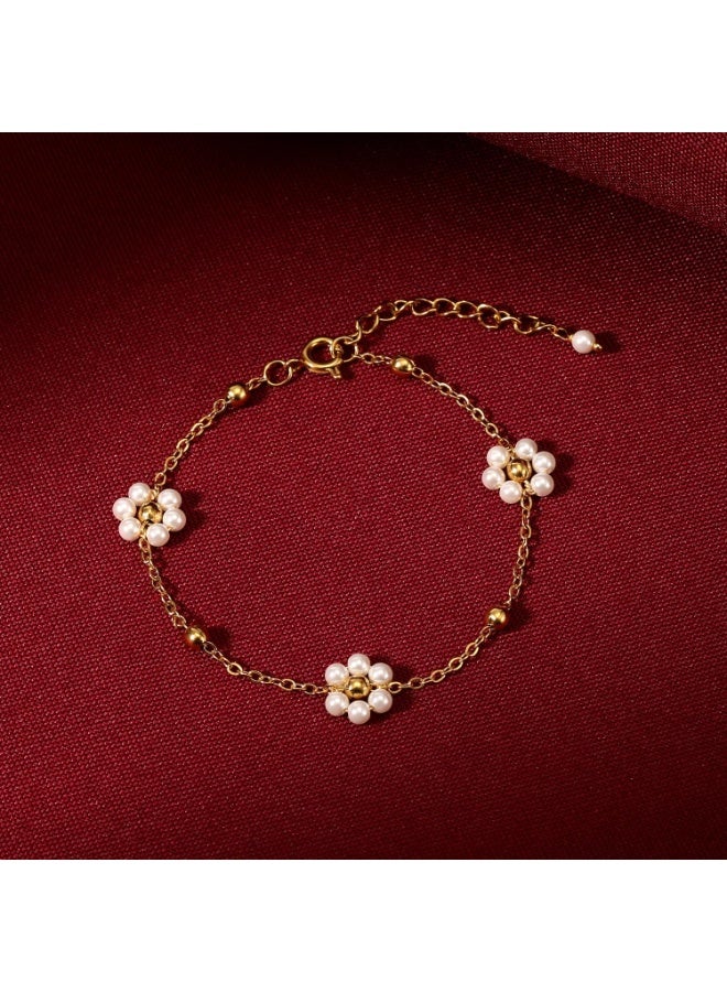 Julia Store 18K Gold Plated Flower Bracelet for Women, Titanium Steel Pearl Daisy Bracelet Dainty Gold Adjustable Link Chain Pearl Simple Bracelet Jewelry Gift for Women - Image 1