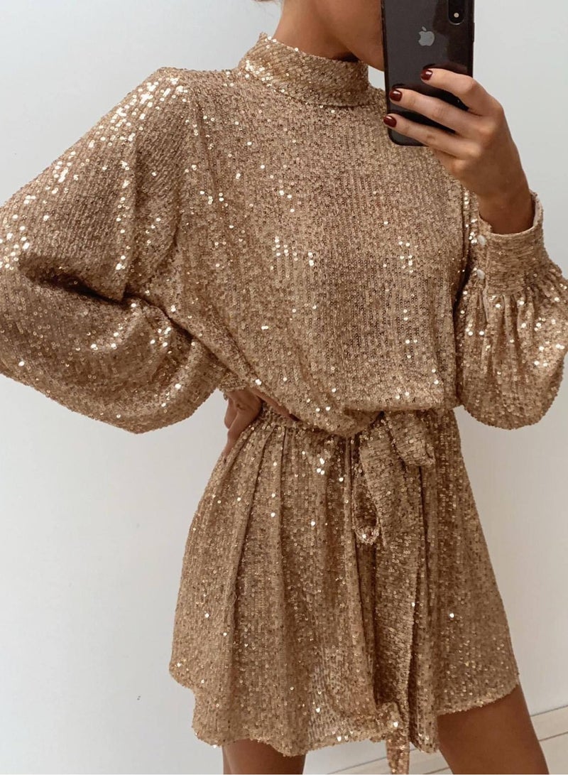 NIBEMINENT Sequins Bling Long Sleeve Dress Fashion  Spring Female Evening Dresses - Image 1