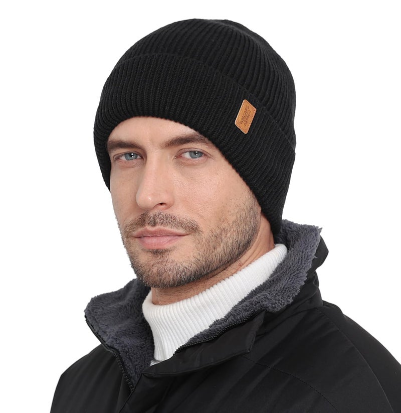 Wmcaps Merino Wool Fleece Lined Beanie Winter Hats for Men Women, Warm Thermal Kint Cap for Outdoor Black - Image 1