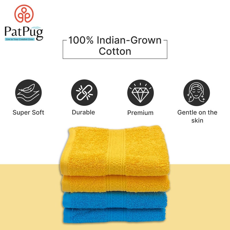PatPug مجموعة مناشف يد 4 قطع من قطن هندي ناعم للغاية 100%، 500 GSM للجيم، التمارين، اليوغا، حوض الغسيل (أزرق تركوازي وأصفر شروق الشمس) - Image 5