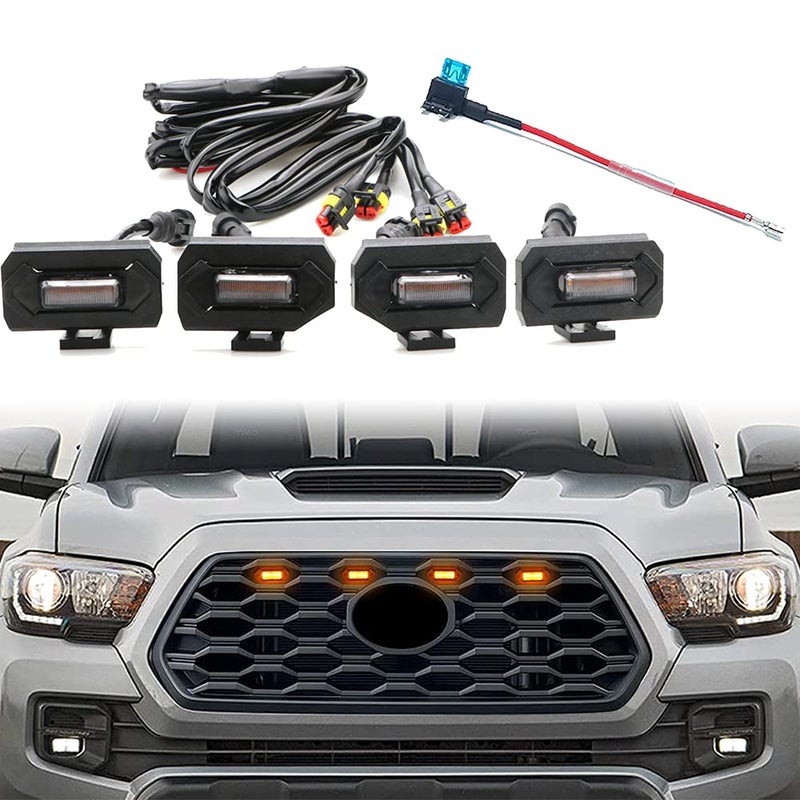 4pcs LED Grill Lights for Tacoma 2020 2021 OEM Grille Including TRD Off Road and Sport Models Raptor Style LED Light Amber Light with Black housing