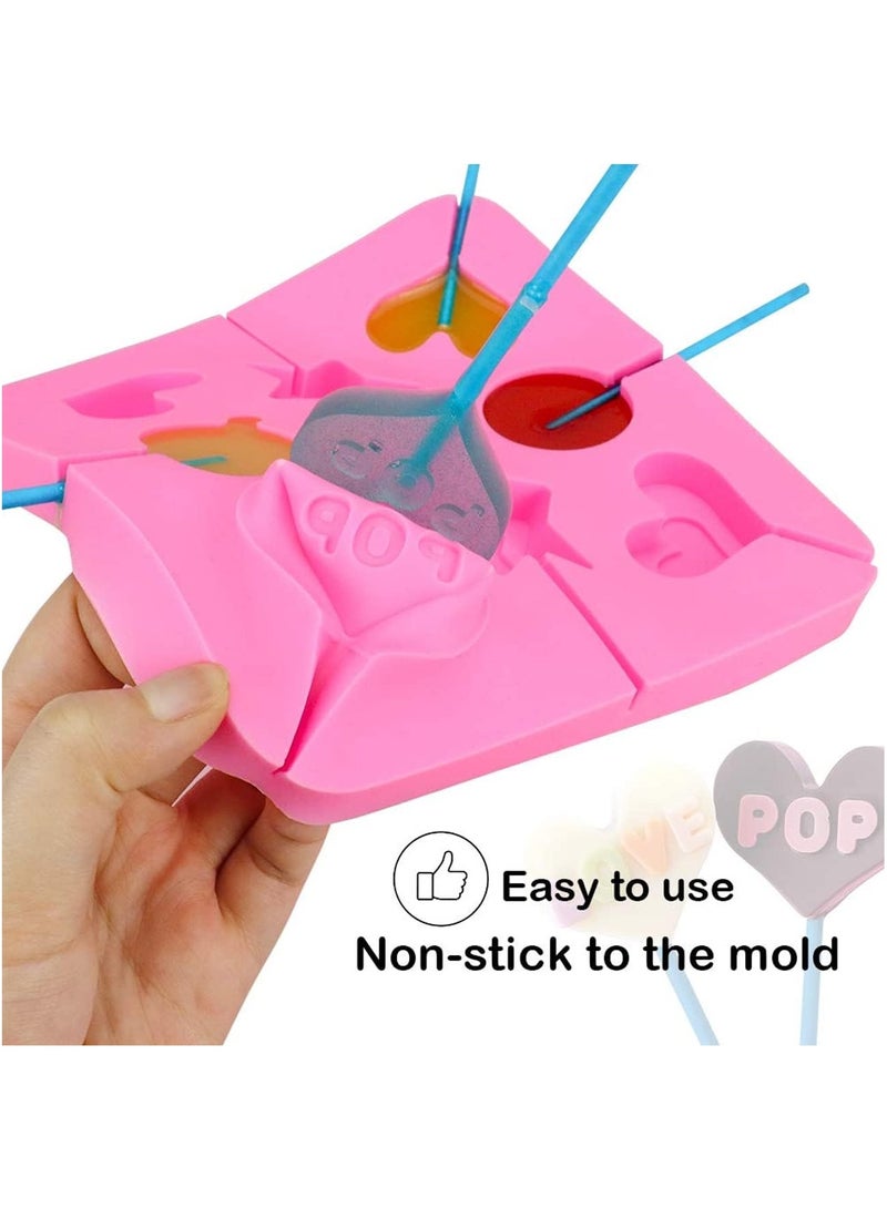 SYOSI 4Pcs Heart Lollipop Candy Silicone Molds 8-Cavities Food Grade Heart Chocolate Hard Candy Molds with Shape of Double Heart Star Love Round Shell Bear Including 80 Lollipop Sticks 2 Styles - Image 3