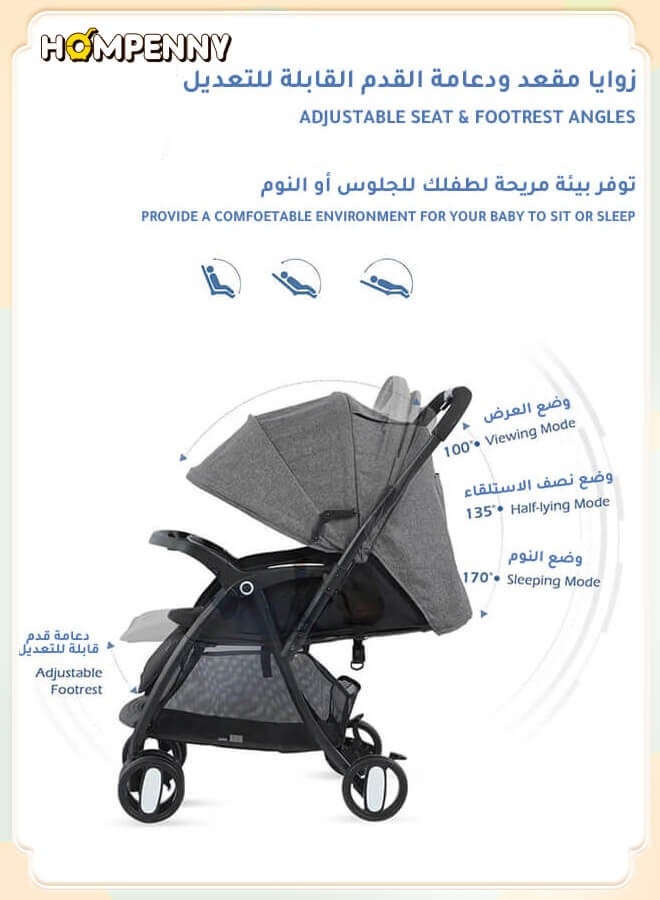 Hompenny Two-Way Baby Stroller | Excellent Shock Absorber | Front and Parent Facing | Large Canopy and Spacious Seat | 5-Point Harness | Includes Sleeping Pad and Mosquito Net | Large Storage Basket | Quick One-Click Folding | Suitable for 0-36 Months | Gray - Image 4