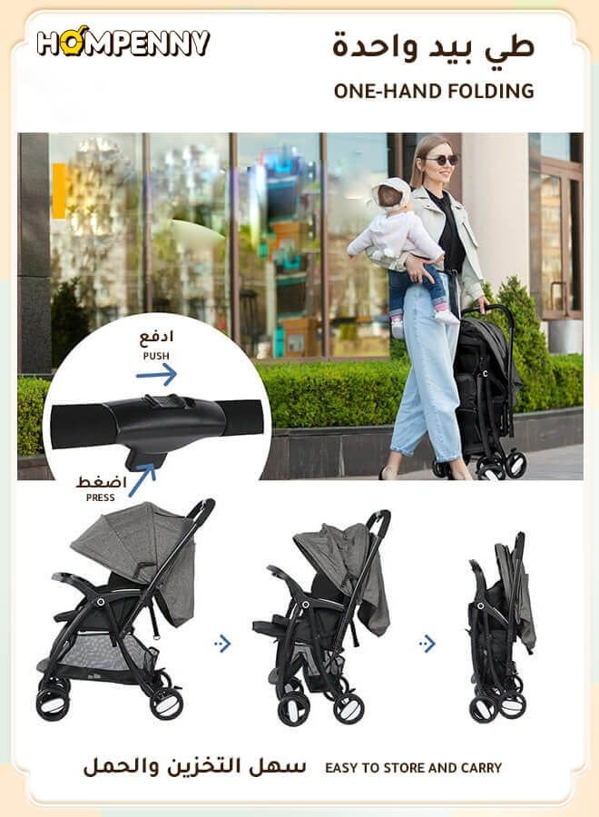 Hompenny Two-Way Baby Stroller | Excellent Shock Absorber | Front and Parent Facing | Large Canopy and Spacious Seat | 5-Point Harness | Includes Sleeping Pad and Mosquito Net | Large Storage Basket | Quick One-Click Folding | Suitable for 0-36 Months | Gray - Image 2