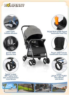 Hompenny Lightweight Reversible Baby Stroller | One-Hand Folding | Free Seat Cushion & Mosquito Net | Sit & Lie Positions | 360° Shock-Absorbing Wheels | Large Storage Basket | Five-Point Safety Harness | 0–6 Years  - Image 5
