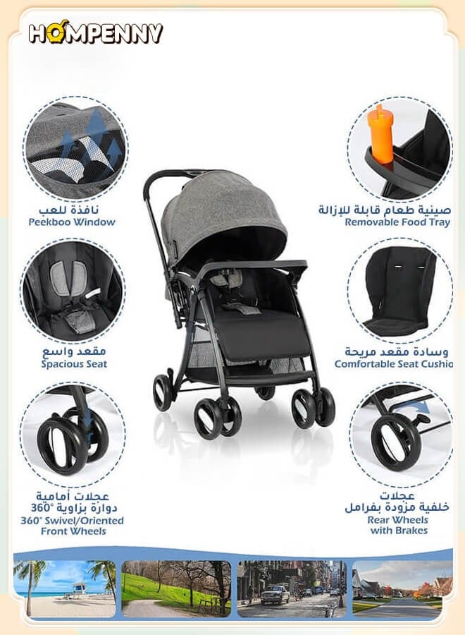 Hompenny Two-Way Baby Stroller | Excellent Shock Absorber | Front and Parent Facing | Large Canopy and Spacious Seat | 5-Point Harness | Includes Sleeping Pad and Mosquito Net | Large Storage Basket | Quick One-Click Folding | Suitable for 0-36 Months | Gray - Image 5