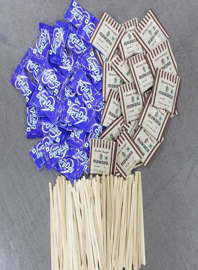 SFU E Com Mawana Brown Sugar Sachets Combo With Everyday Dairy Creamer Sachets | Coffee Stir Sticks Wood Stirrers Combo | Stirrers for Tea, Coffee etc. | Stirrer Stick (100pcs), Brown Sugar (100pcs), Creamer (100pcs) - Image 1