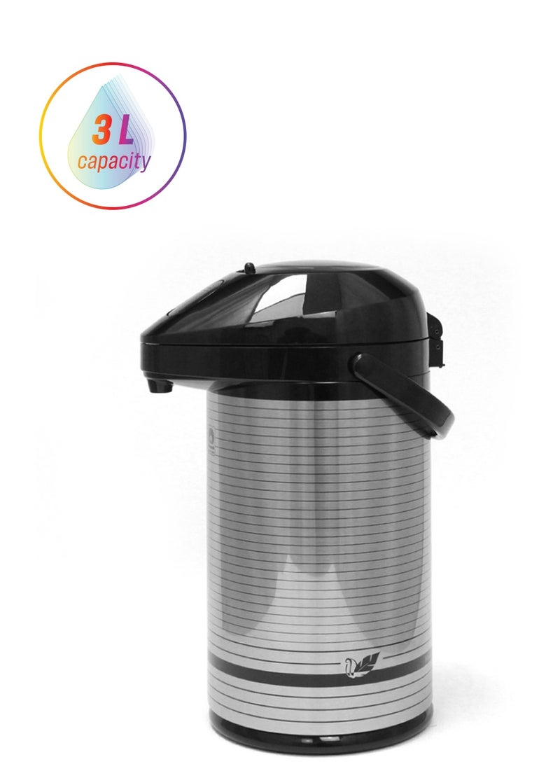 Peacock 3L Stainless Steel Vacuum Airpump Flask in Silver and Black Color Design, Thermal Insulated Beverage Dispenser with Easy Pour Pump and Portable Carry Handle Made in Japan - Image 1
