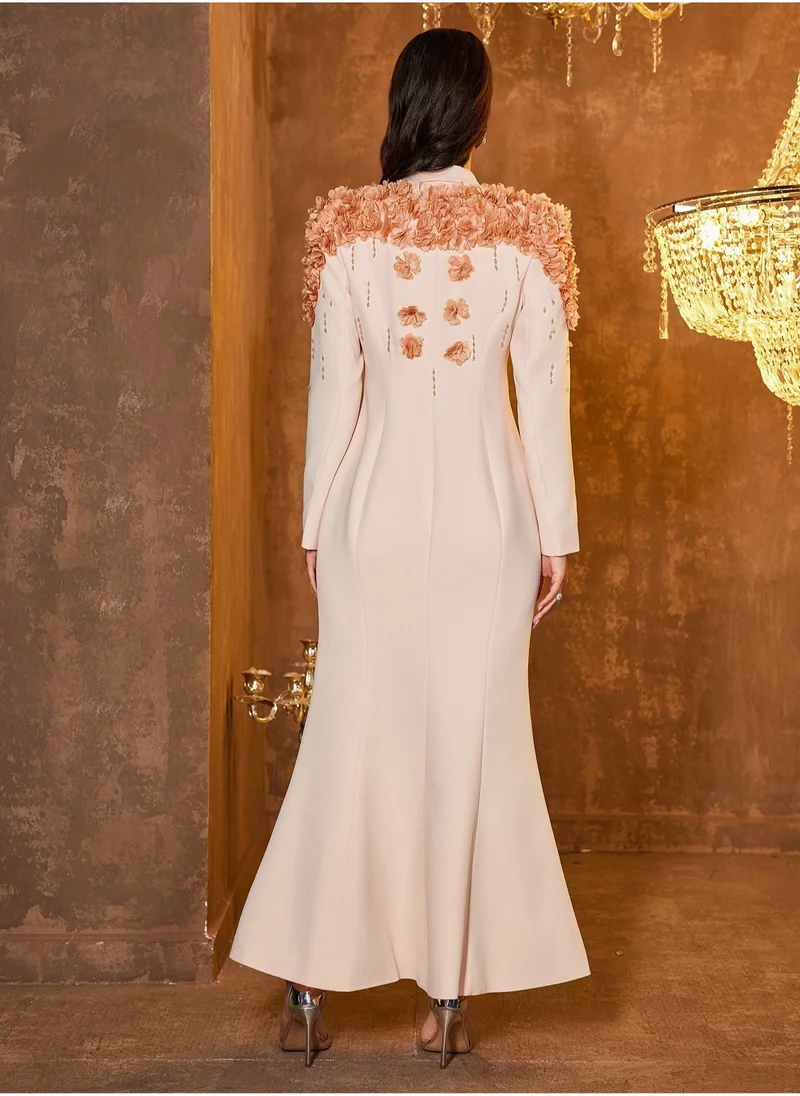 Madam Uniq Stylish European and American Celebrity Heavy Embellished 3D Floral Beaded A-line Dress with Green Fruit Collar