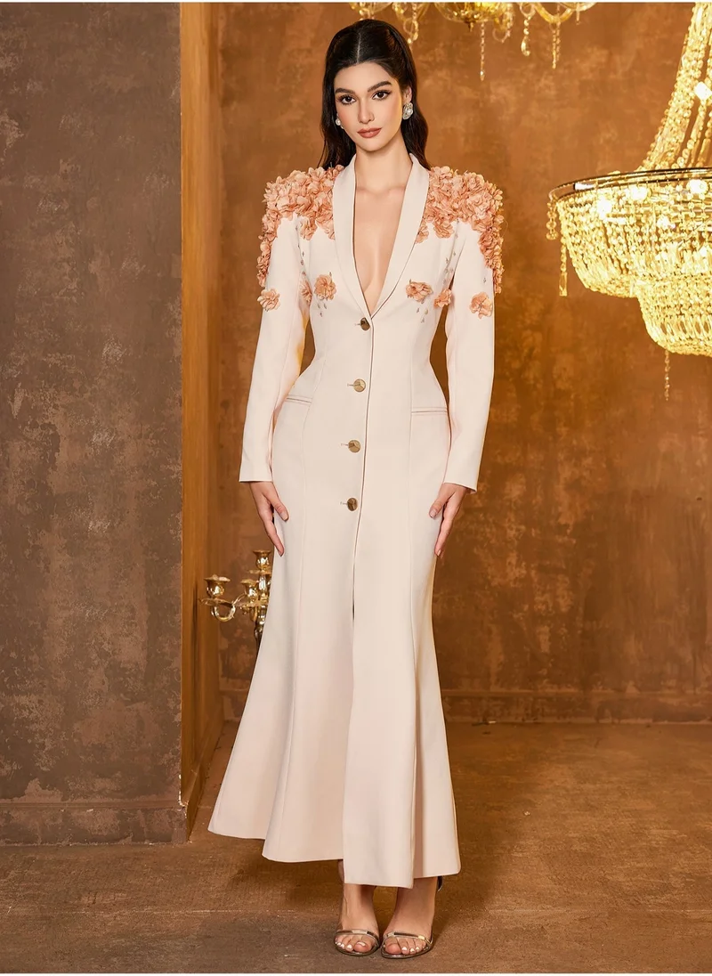 Madam Uniq Elegant 3D Flower Gown, Deep - V & Flared Hem, Formal Evening Dress