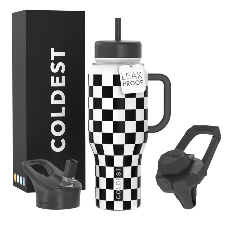 THE COLDEST WATER Coldest Tumbler with Handle and Straw 100 Leak Proof Insulated Tumbler with Lid and Straw 3 Lids Stainless Steel Tumblers for Women Men Cup Holder Friendly 36 oz Black Checkers - Image 2