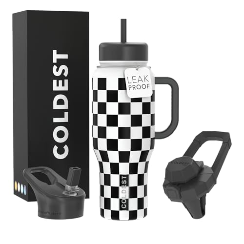THE COLDEST WATER Coldest Tumbler with Handle and Straw 100 Leak Proof Insulated Tumbler with Lid and Straw 3 Lids Stainless Steel Tumblers for Women Men Cup Holder Friendly 36 oz Black Checkers - Image 1
