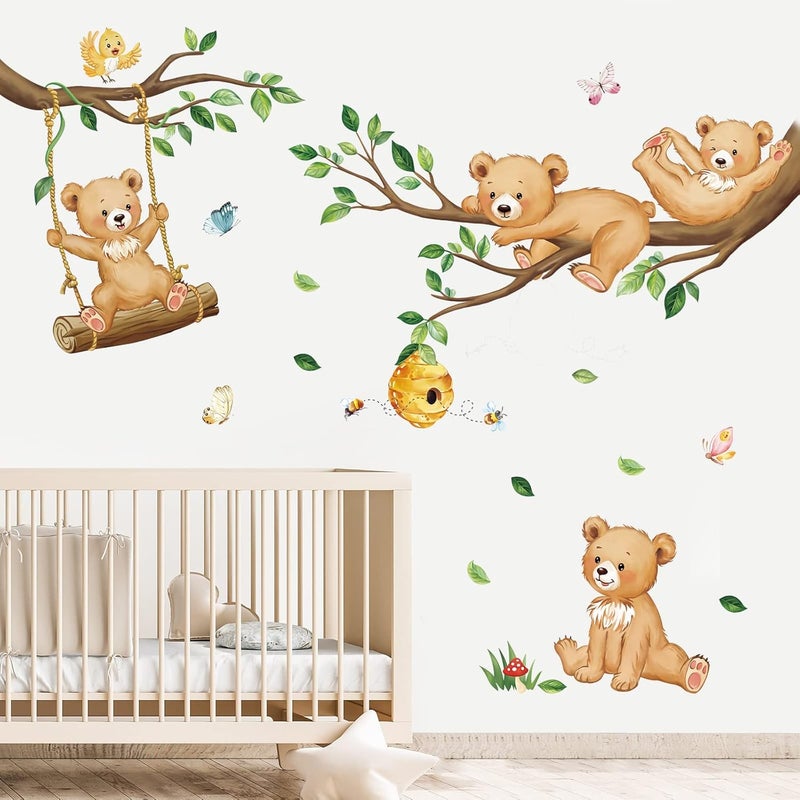 decalmile Woodland Bear Wall Decals Animal Tree Branch Wall Stickers Baby Nursery Kids Bedroom Living Room Wall Decor - Image 1
