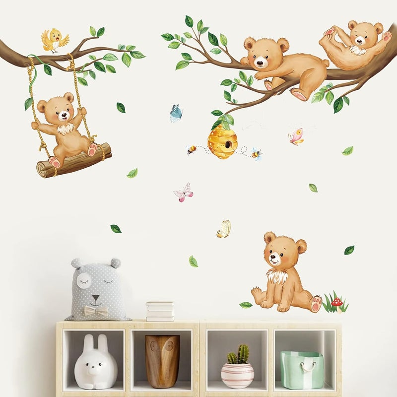 decalmile Woodland Bear Wall Decals Animal Tree Branch Wall Stickers Baby Nursery Kids Bedroom Living Room Wall Decor - Image 3