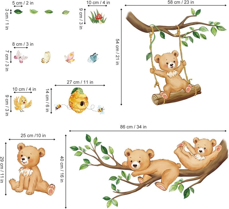 decalmile Woodland Bear Wall Decals Animal Tree Branch Wall Stickers Baby Nursery Kids Bedroom Living Room Wall Decor - Image 2