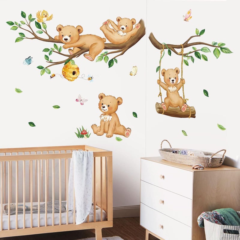 decalmile Woodland Bear Wall Decals Animal Tree Branch Wall Stickers Baby Nursery Kids Bedroom Living Room Wall Decor - Image 4