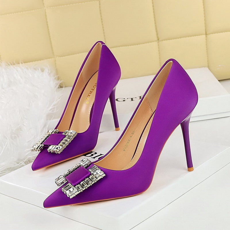 3265-K75 Fashion High Heels Stiletto Silks And Satins Shallow Mouth Square Buckle Sparkling Rhinestone Pointed Toe High-Heeled Shoes - Image 1