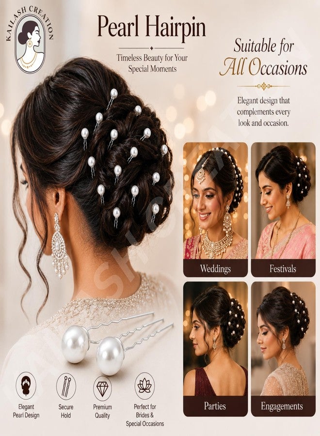 Kailash Creation Diamond Pearl U Pins Hair Accessories for Women & Girls | Bridal Pearl Hair Pins for Bun Hairstyle | Wedding, Party, Festive Hair Styling U Shape Hair Pins | Decorative Hair Accessories - Pack of 12 Pins - Image 2