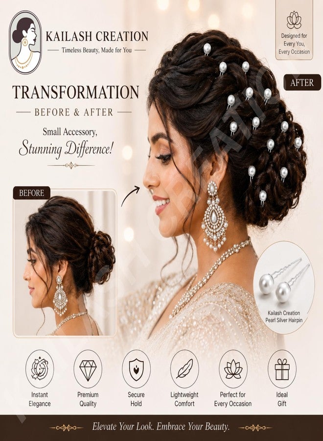Kailash Creation Diamond Pearl U Pins Hair Accessories for Women & Girls | Bridal Pearl Hair Pins for Bun Hairstyle | Wedding, Party, Festive Hair Styling U Shape Hair Pins | Decorative Hair Accessories - Pack of 12 Pins - Image 4