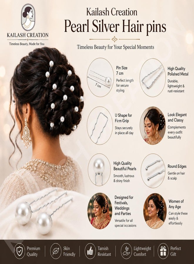Kailash Creation Diamond Pearl U Pins Hair Accessories for Women & Girls | Bridal Pearl Hair Pins for Bun Hairstyle | Wedding, Party, Festive Hair Styling U Shape Hair Pins | Decorative Hair Accessories - Pack of 12 Pins - Image 3
