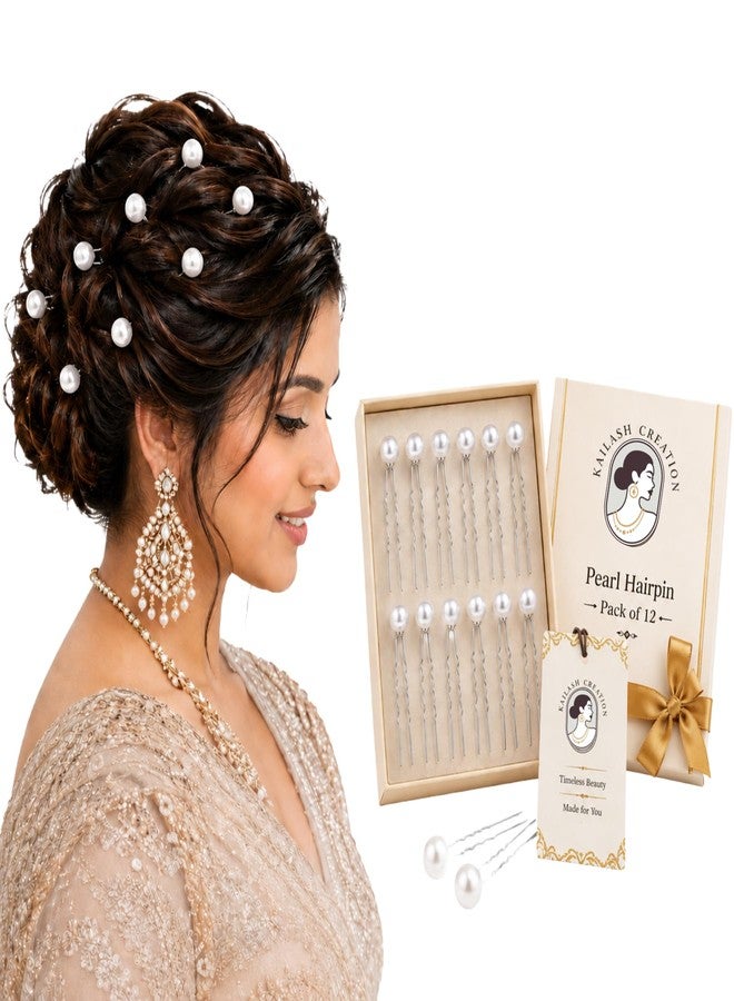 Kailash Creation Diamond Pearl U Pins Hair Accessories for Women & Girls | Bridal Pearl Hair Pins for Bun Hairstyle | Wedding, Party, Festive Hair Styling U Shape Hair Pins | Decorative Hair Accessories - Pack of 12 Pins - Image 1