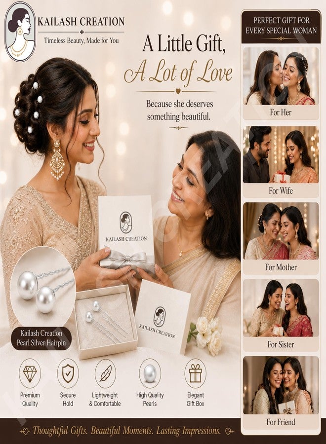 Kailash Creation Diamond Pearl U Pins Hair Accessories for Women & Girls | Bridal Pearl Hair Pins for Bun Hairstyle | Wedding, Party, Festive Hair Styling U Shape Hair Pins | Decorative Hair Accessories - Pack of 12 Pins - Image 5