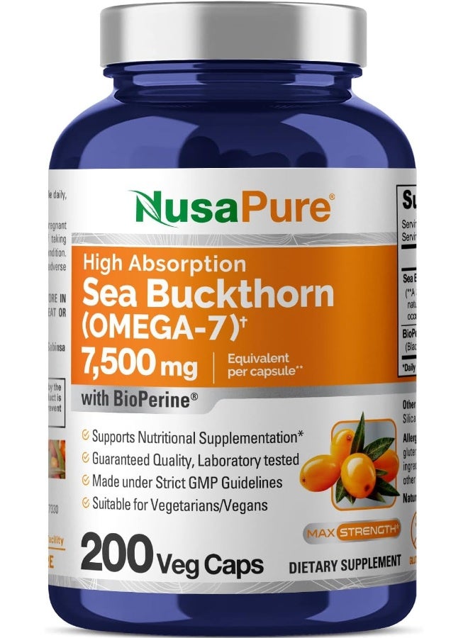 NusaPure Sea Buckthorn (Omega 7) 2250Mg 200 Veggie Powder Caps - Extract 5:1, Non-Gmo & Gluten Free - Image 1