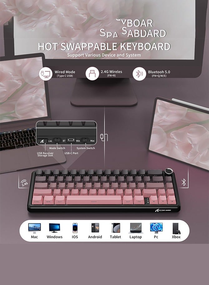 Attack Shark X66 Wireless Mechanical Gaming Keyboard with Knob,Tri Mode USB-C/BT5.0/2.4G Gasket Mounted 60% RGB Gaming Keyboard,Side Printed PBT Keycap, Hot Swappable Strawberry Switch(BlackBerry) - Image 3