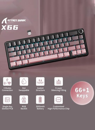 لوحة مفاتيح X66 الميكانيكية اللاسلكية بنسبة 65% مع مقبض، 66 مفتاحًا، قابلة للتبديل السريع، مزودة بإضاءة RGB، لوحة مفاتيح ألعاب بنسبة 60%، تدعم تقنية بلوتوث/2.4 جيجا هرتز/USB-C، مفاتيح خطية، أغطية مفاتيح PBT مطبوعة على الجانب (بلاك بيري) - view 4