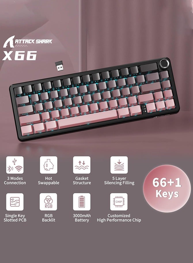 Attack Shark X66 Wireless Mechanical Gaming Keyboard with Knob,Tri Mode USB-C/BT5.0/2.4G Gasket Mounted 60% RGB Gaming Keyboard,Side Printed PBT Keycap, Hot Swappable Strawberry Switch(BlackBerry) - Image 4