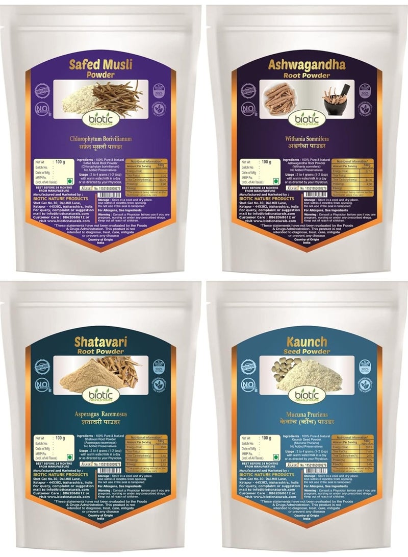 Biotic Natural Safed Musli, Ashwagandha, Shatavari and Kaunch Beej Powder - 400gms Combo (100gm each) - Image 1