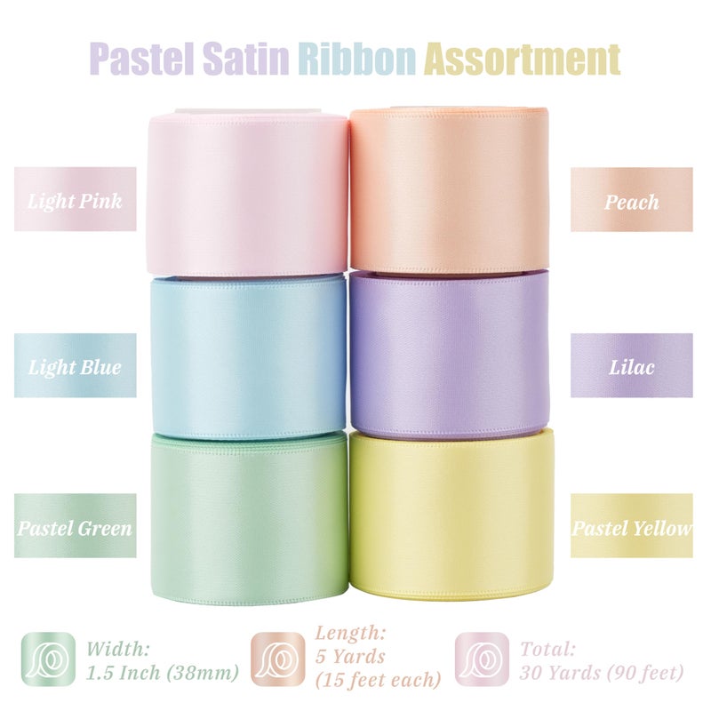 DINDOSAL Pastel Ribbon Assortment - 1.5 Inch Double Face Rainbow Colored Satin Ribbon 6 Rolls, 30 Yards for Garland Baby Shower Crafts Birthday Party Wedding Easter's Day Christmas - Image 2