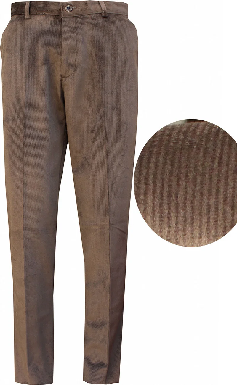 Men's Light Brown Winter Velvet Slim Ribbed Wool Inside Classic Cut Trousers with Side Pockets