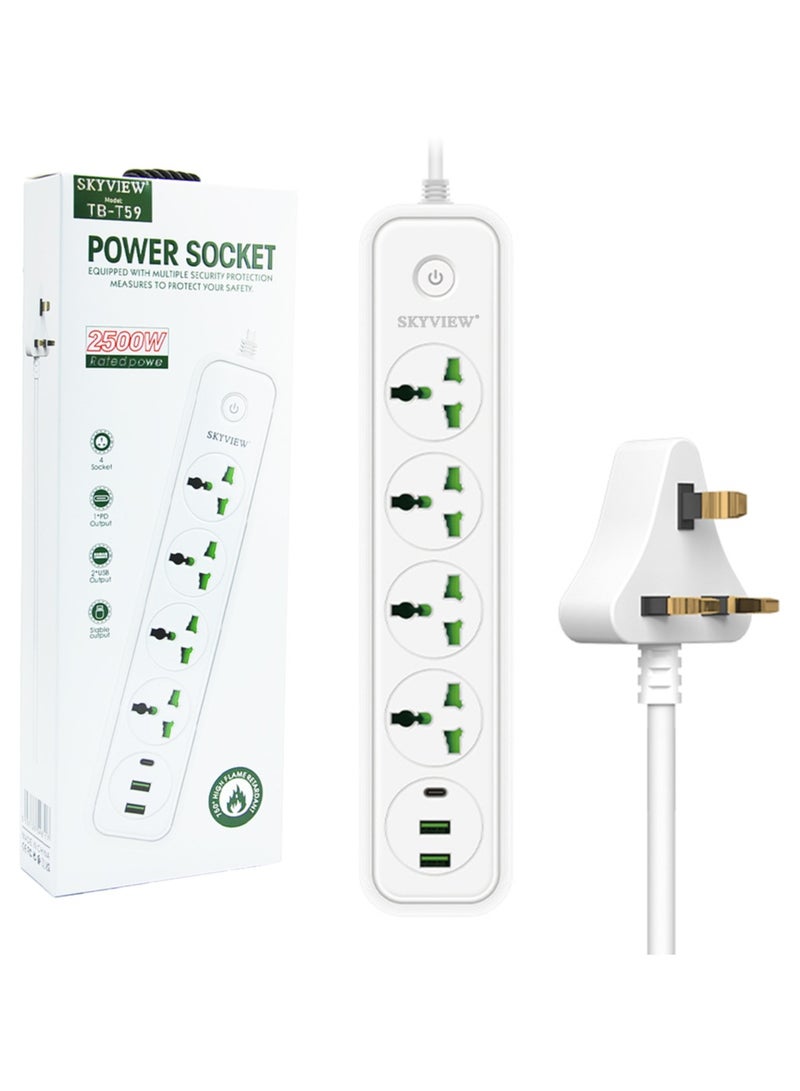 Sky View Surge Protector Power Strip-Flat Plug Extension Cord With 4 Outlets And 2 USB、1 Type-C Ports,2M Power Cord(2500W/10A/110V-240V),PC Flame Retardant Material,Power Socket (White) - Image 1