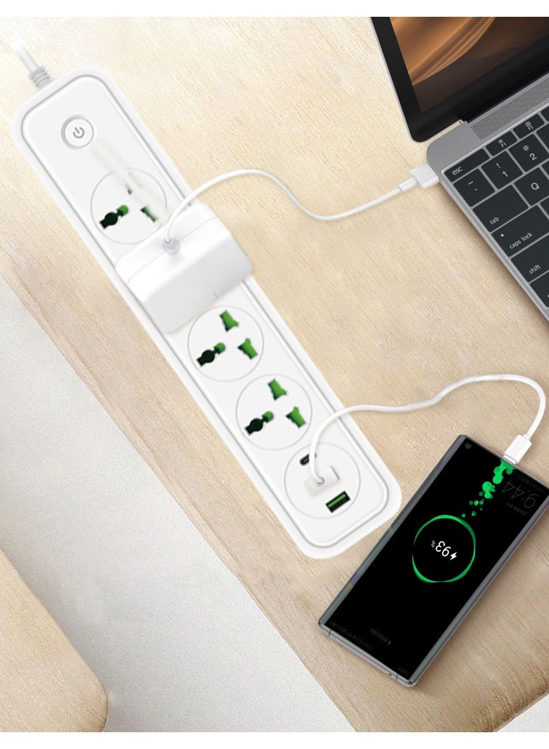 Sky View Surge Protector Power Strip-Flat Plug Extension Cord With 4 Outlets And 2 USB、1 Type-C Ports,2M Power Cord(2500W/10A/110V-240V),PC Flame Retardant Material,Power Socket (White) - Image 2