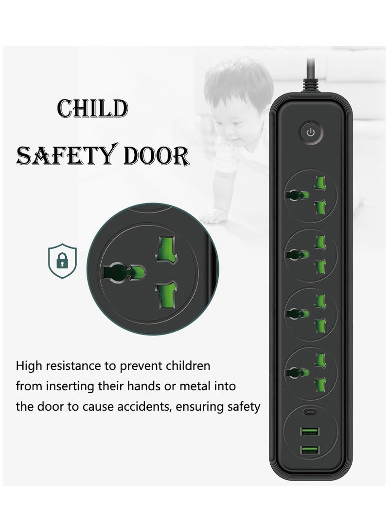 Sky View Surge Protector Power Strip-Flat Plug Extension Cord With 4 Outlets And 2 USB、1 Type-C Ports,2M Power Cord(2500W/10A/110V-240V),PC Flame Retardant Material,Power Socket (White) - Image 5