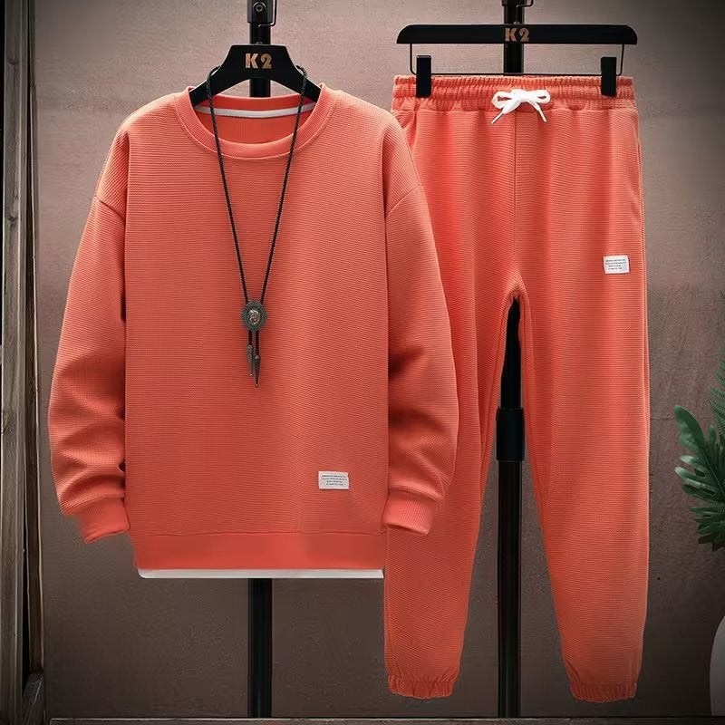 Waffle Long-Sleeved Suit Men'S Shirt Casual Set Clothes Spring Autumn Winter Fashionable Solid Color Loose Fake Two-Piece T-Shirt - Image 1